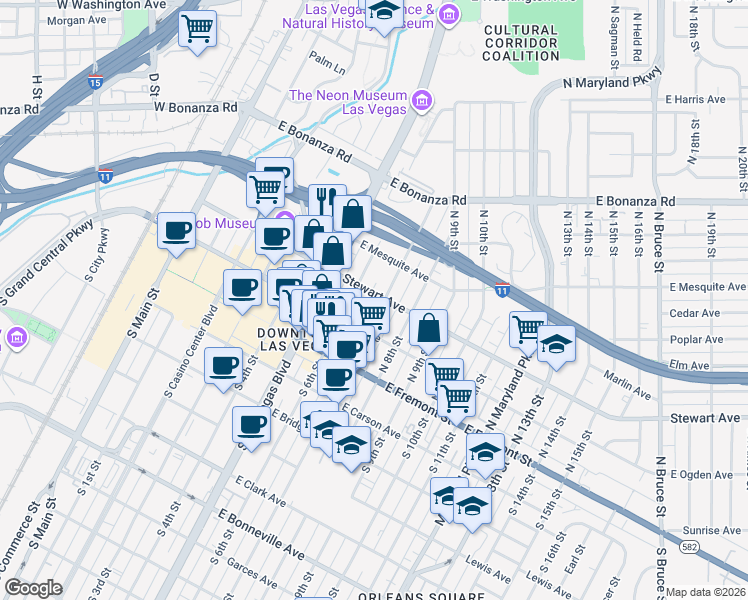 map of restaurants, bars, coffee shops, grocery stores, and more near 653-699 Stewart Avenue in Las Vegas