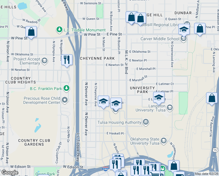 map of restaurants, bars, coffee shops, grocery stores, and more near 1161 North Boston Avenue in Tulsa