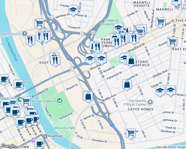 map of restaurants, bars, coffee shops, grocery stores, and more near 407 Russell Street in Nashville