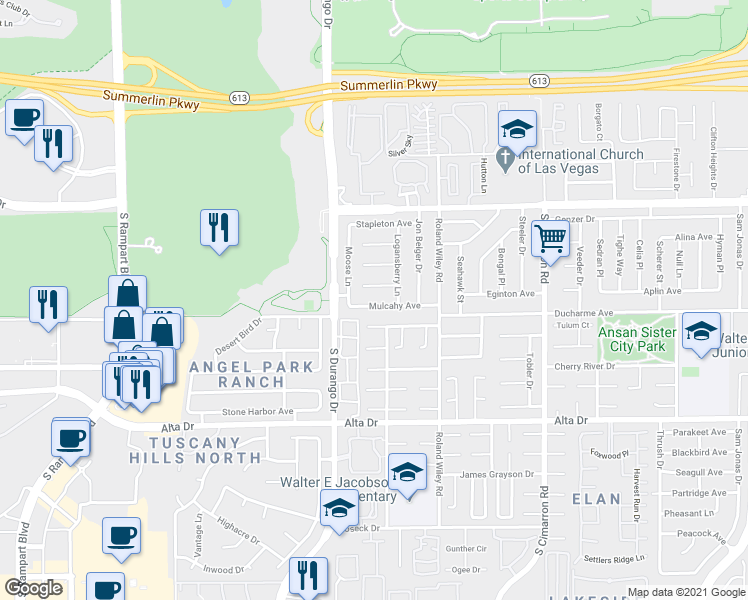 map of restaurants, bars, coffee shops, grocery stores, and more near 8424 Mulcahy Avenue in Las Vegas