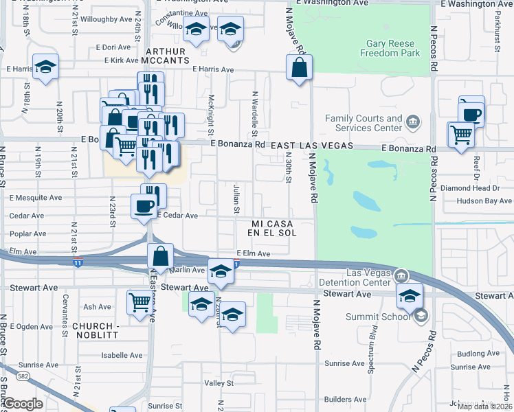 map of restaurants, bars, coffee shops, grocery stores, and more near 506 North Wardelle Street in Las Vegas