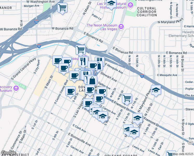 map of restaurants, bars, coffee shops, grocery stores, and more near 208 South Las Vegas Boulevard in Las Vegas