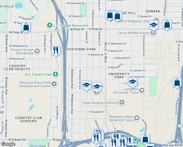 map of restaurants, bars, coffee shops, grocery stores, and more near 1161 North Boston Avenue in Tulsa
