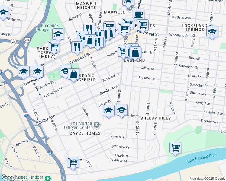 map of restaurants, bars, coffee shops, grocery stores, and more near 911 Shelby Avenue in Nashville