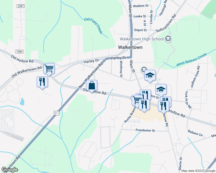 map of restaurants, bars, coffee shops, grocery stores, and more near 2725 Payton Lane in Walkertown