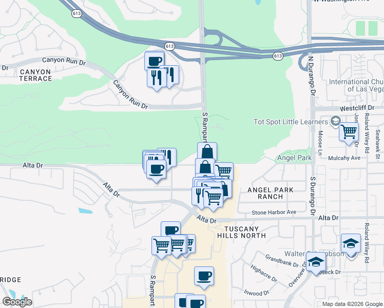 map of restaurants, bars, coffee shops, grocery stores, and more near Angel Park Trail in Las Vegas