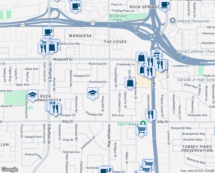 map of restaurants, bars, coffee shops, grocery stores, and more near 232 Antelope Way in Las Vegas