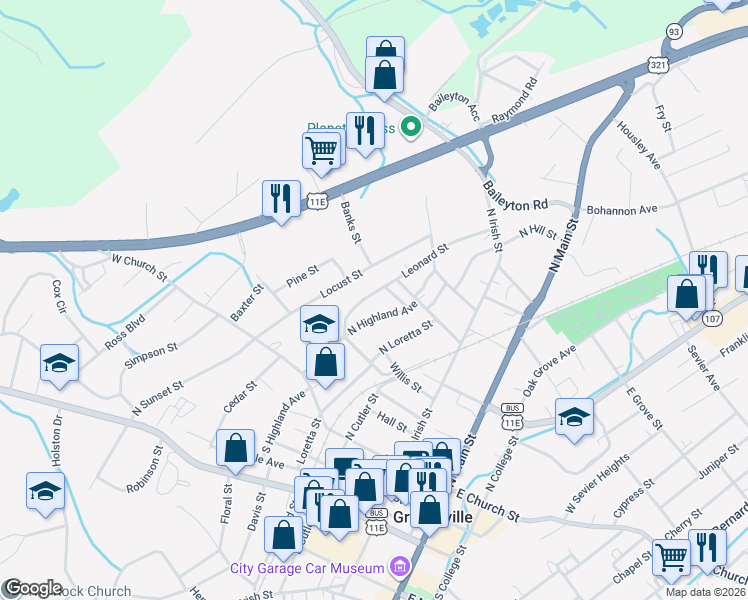 map of restaurants, bars, coffee shops, grocery stores, and more near 328 Leonard Street in Greeneville