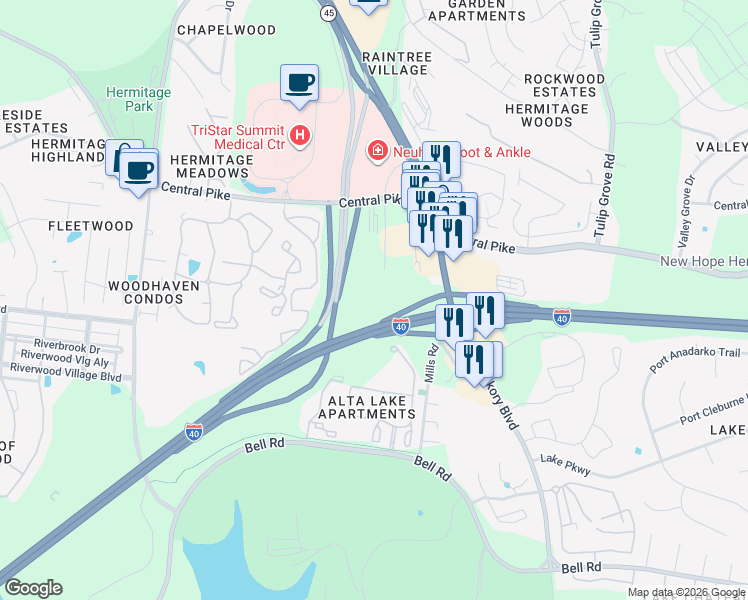 map of restaurants, bars, coffee shops, grocery stores, and more near 4042 Shurgard Way in Nashville