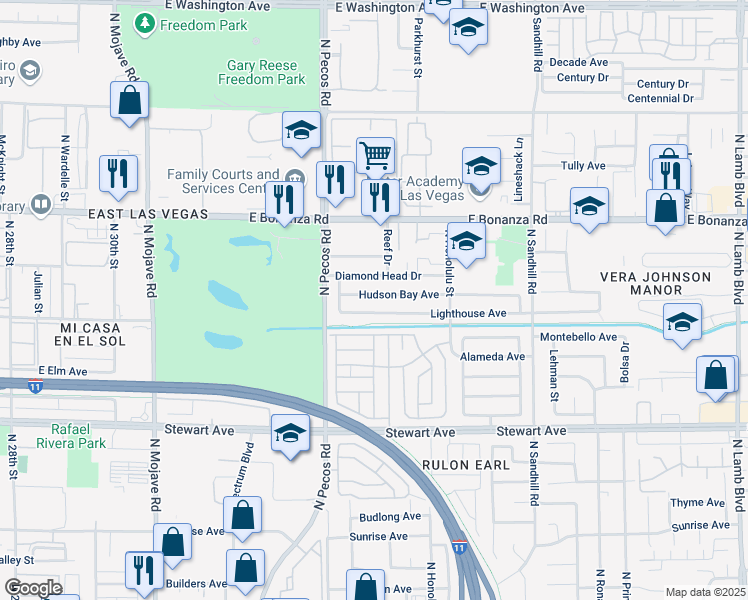 map of restaurants, bars, coffee shops, grocery stores, and more near 3604 Hudson Bay Avenue in Las Vegas
