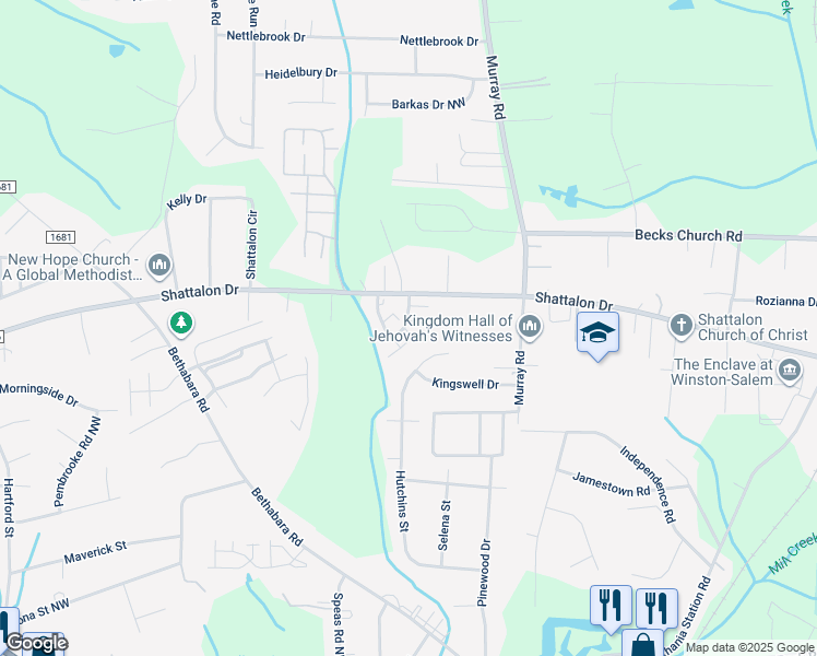 map of restaurants, bars, coffee shops, grocery stores, and more near 300 Vista Circle in Winston-Salem