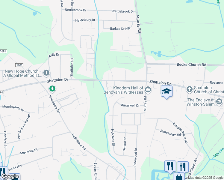 map of restaurants, bars, coffee shops, grocery stores, and more near 300 Vista Circle in Winston-Salem