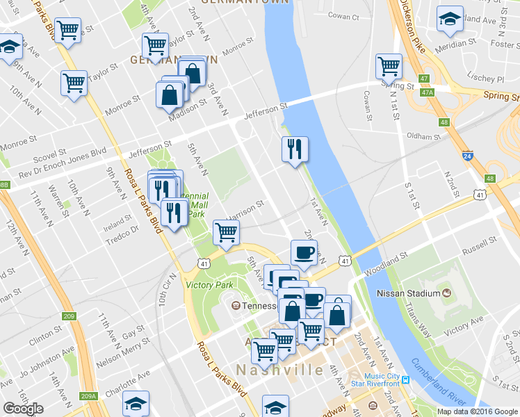 map of restaurants, bars, coffee shops, grocery stores, and more near 719 3rd Avenue North in Nashville