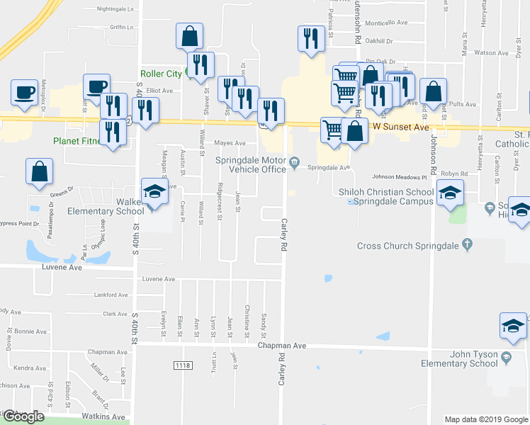 map of restaurants, bars, coffee shops, grocery stores, and more near 1800 Carley Road in Springdale