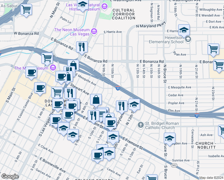 map of restaurants, bars, coffee shops, grocery stores, and more near 336 East Mesquite Avenue in Las Vegas