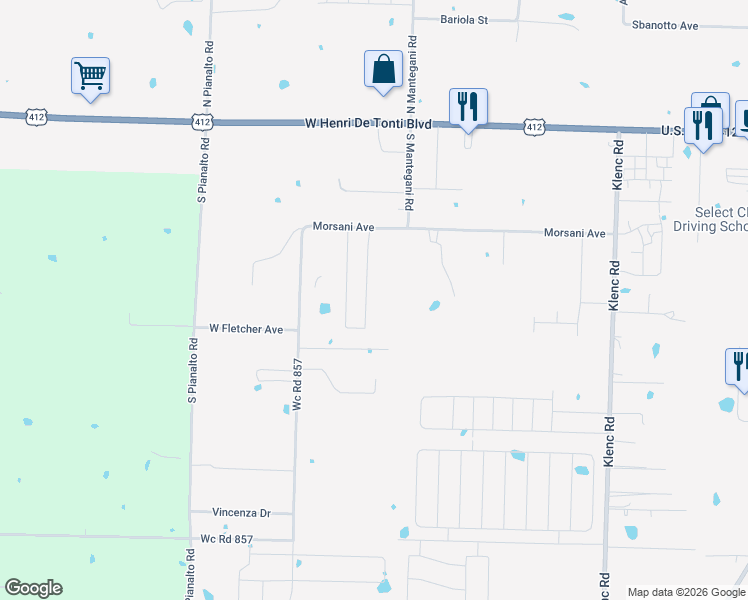 map of restaurants, bars, coffee shops, grocery stores, and more near 501 Brinley Street in Tontitown