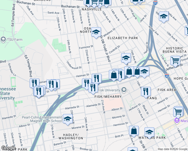 map of restaurants, bars, coffee shops, grocery stores, and more near 1912 Heiman Street in Nashville