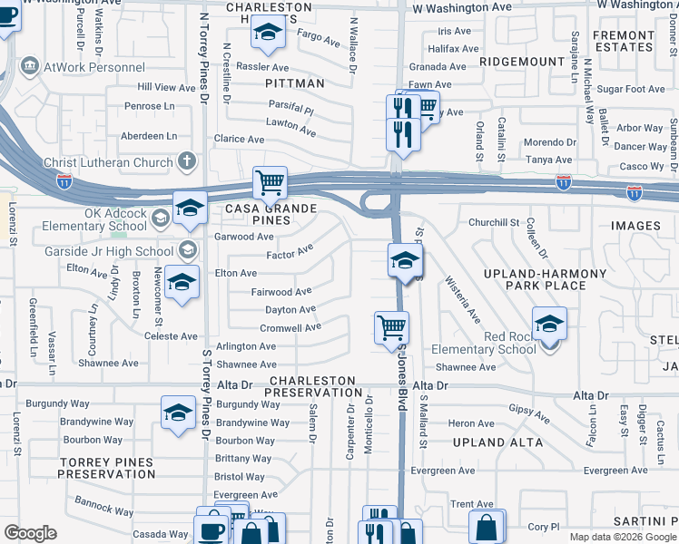 map of restaurants, bars, coffee shops, grocery stores, and more near 221 Milinane Drive in Las Vegas