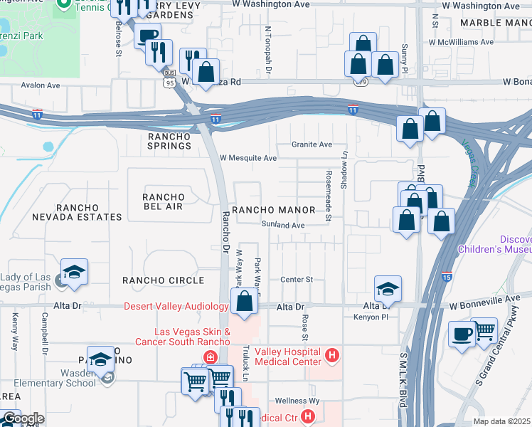 map of restaurants, bars, coffee shops, grocery stores, and more near 213 Woodley Street in Las Vegas