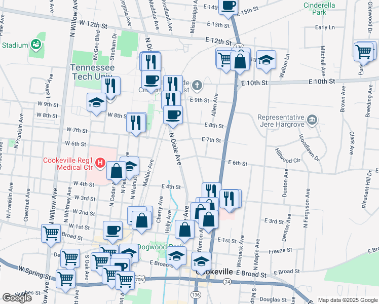 map of restaurants, bars, coffee shops, grocery stores, and more near 610 North Jefferson Avenue in Cookeville