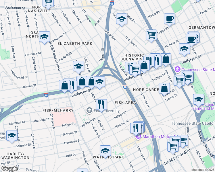 map of restaurants, bars, coffee shops, grocery stores, and more near 1213 Jefferson Street in Nashville