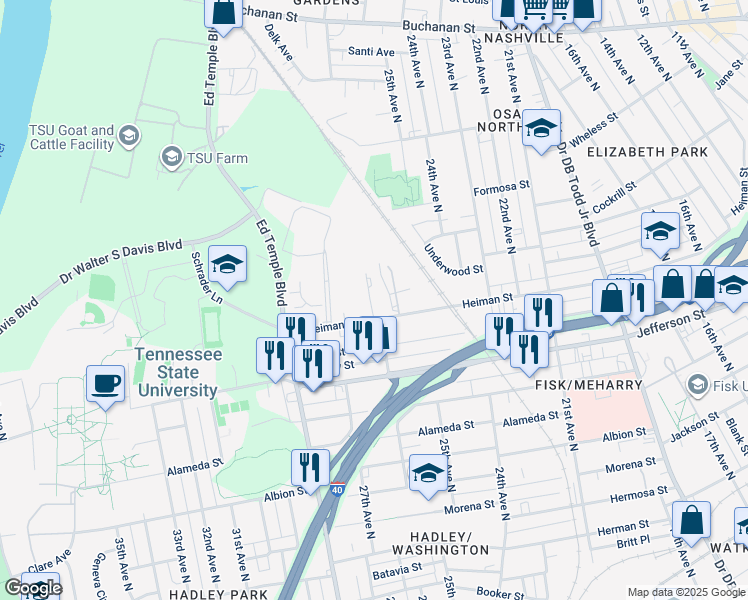 map of restaurants, bars, coffee shops, grocery stores, and more near 1208 26th Avenue North in Nashville
