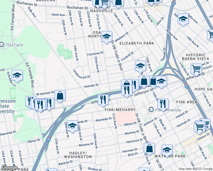 map of restaurants, bars, coffee shops, grocery stores, and more near 1912 Heiman Street in Nashville