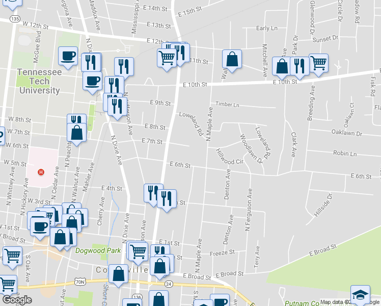 map of restaurants, bars, coffee shops, grocery stores, and more near 627 Rice Circle in Cookeville