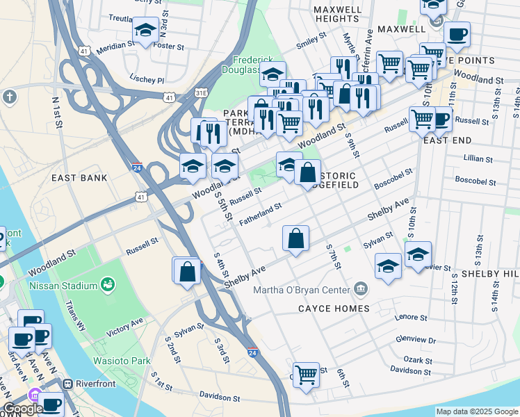 map of restaurants, bars, coffee shops, grocery stores, and more near 603 Fatherland Street in Nashville
