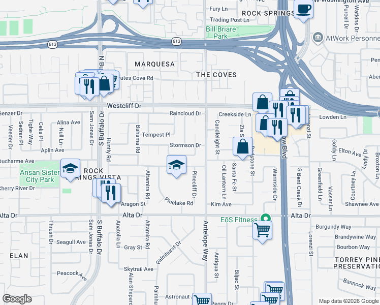 map of restaurants, bars, coffee shops, grocery stores, and more near 7021 Stormson Drive in Las Vegas