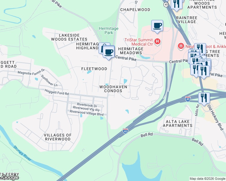 map of restaurants, bars, coffee shops, grocery stores, and more near 3911 Dodson Chapel Road in Nashville