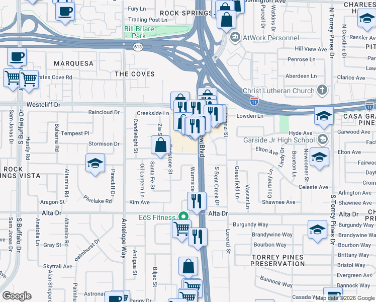 map of restaurants, bars, coffee shops, grocery stores, and more near 244 South Rainbow Boulevard in Las Vegas