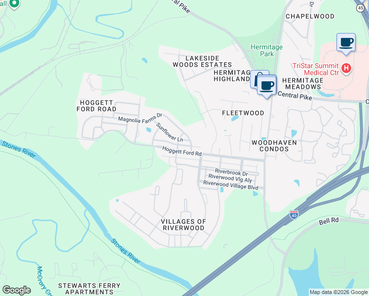 map of restaurants, bars, coffee shops, grocery stores, and more near 5009 Sunflower Lane in Nashville