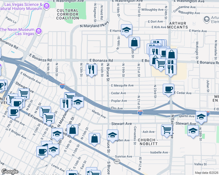 map of restaurants, bars, coffee shops, grocery stores, and more near 1700 East Mesquite Avenue in Las Vegas