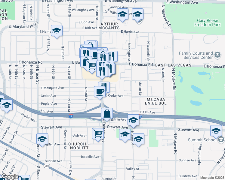 map of restaurants, bars, coffee shops, grocery stores, and more near 2608 East Mesquite Avenue in Las Vegas