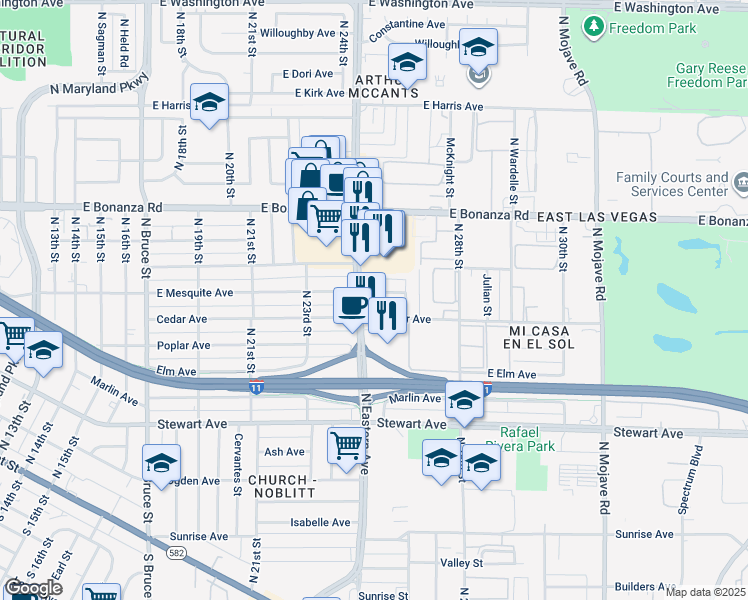 map of restaurants, bars, coffee shops, grocery stores, and more near 2500 North Eastern Avenue in Las Vegas