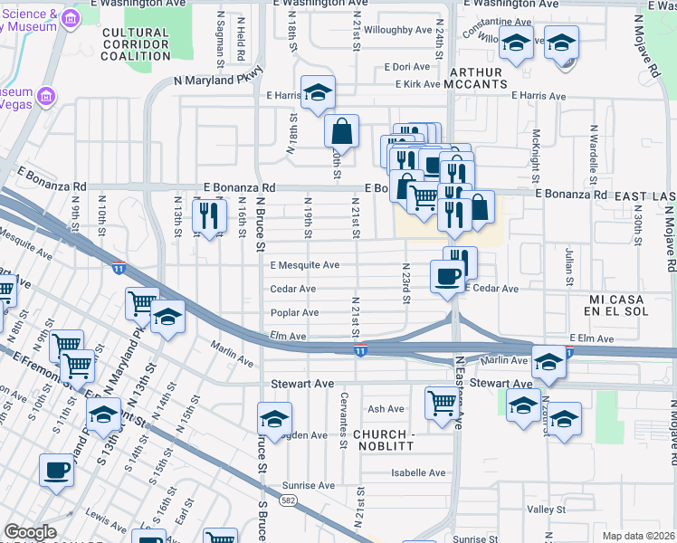 map of restaurants, bars, coffee shops, grocery stores, and more near 1916 East Mesquite Avenue in Las Vegas