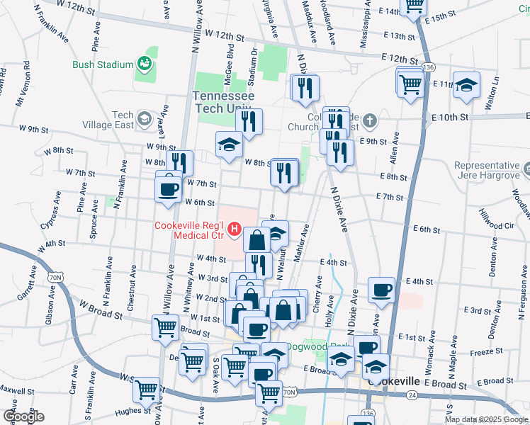 map of restaurants, bars, coffee shops, grocery stores, and more near 617-635 North Peachtree Avenue in Cookeville