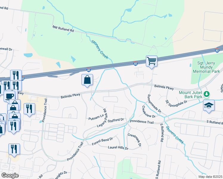 map of restaurants, bars, coffee shops, grocery stores, and more near 126 Belinda Parkway in Mount Juliet