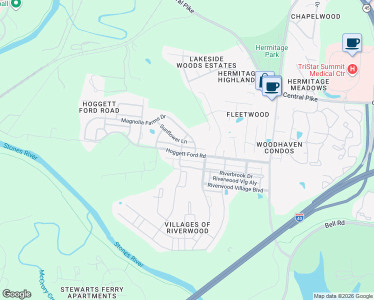 map of restaurants, bars, coffee shops, grocery stores, and more near 5009 Sunflower Lane in Nashville