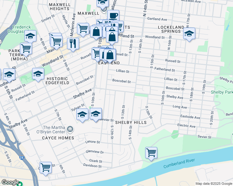 map of restaurants, bars, coffee shops, grocery stores, and more near 501 South 12th Street in Nashville