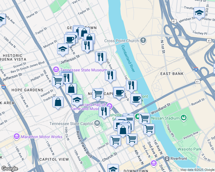 map of restaurants, bars, coffee shops, grocery stores, and more near 719 3rd Avenue North in Nashville