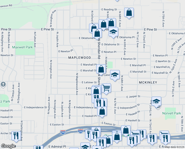 map of restaurants, bars, coffee shops, grocery stores, and more near 6268 East Marshall Street in Tulsa