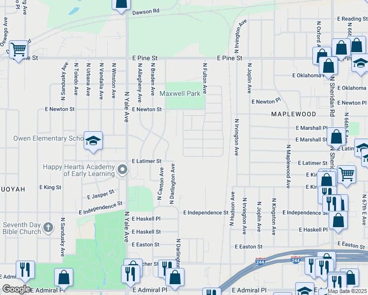 map of restaurants, bars, coffee shops, grocery stores, and more near 1127-1199 North Darlington Place in Tulsa