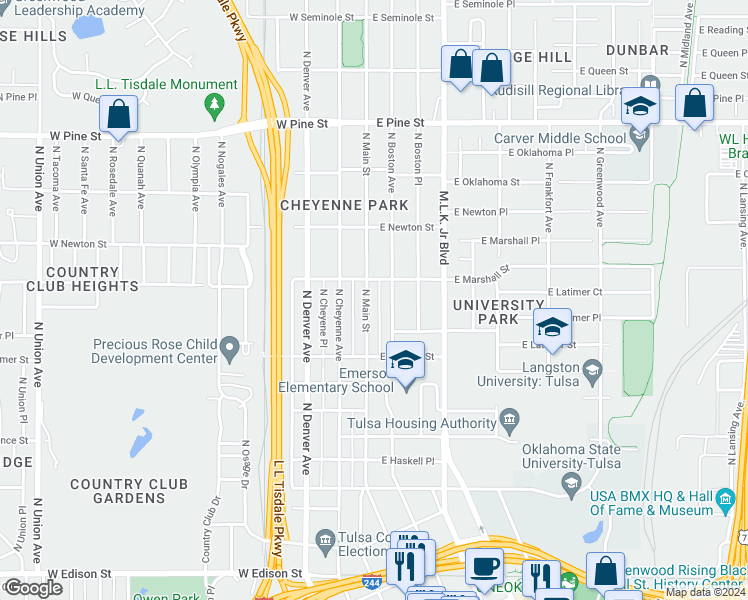 map of restaurants, bars, coffee shops, grocery stores, and more near 1160 North Main Street in Tulsa