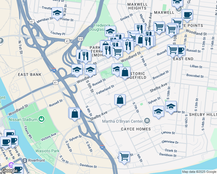 map of restaurants, bars, coffee shops, grocery stores, and more near 603 Fatherland Street in Nashville