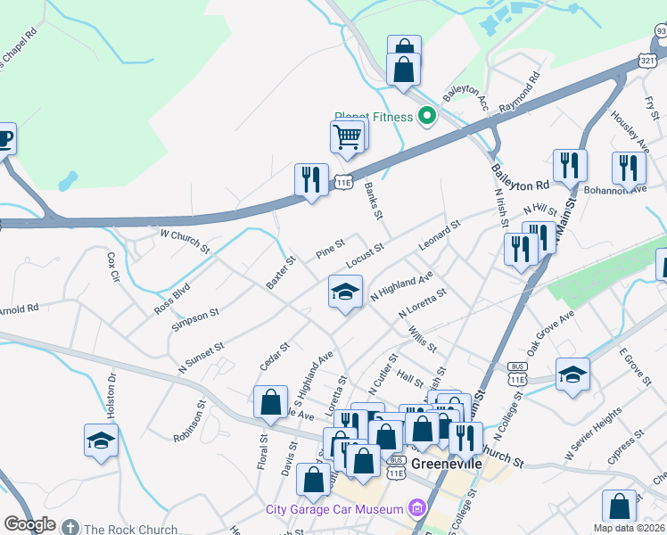 map of restaurants, bars, coffee shops, grocery stores, and more near 313 Locust Street in Greeneville