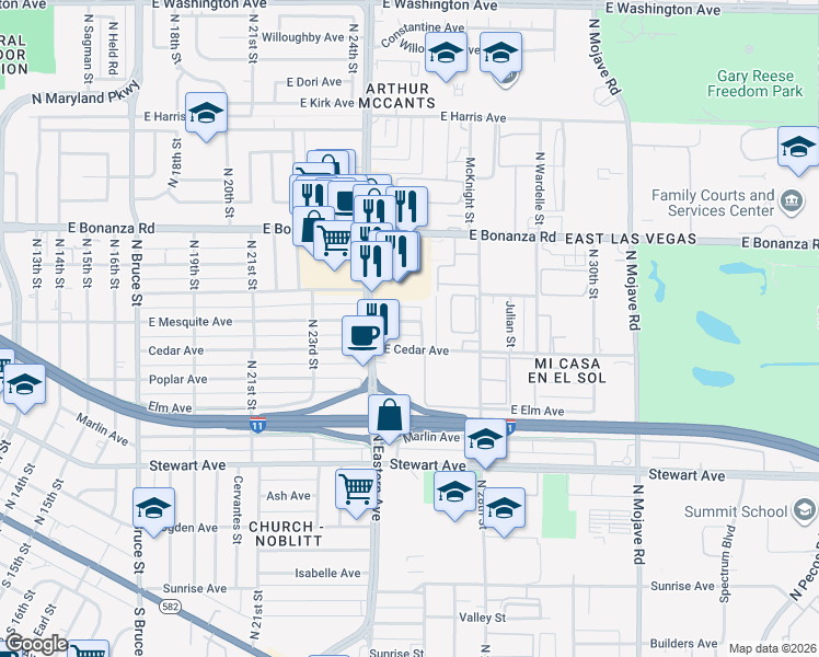 map of restaurants, bars, coffee shops, grocery stores, and more near 2608 East Mesquite Avenue in Las Vegas