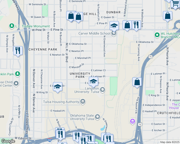 map of restaurants, bars, coffee shops, grocery stores, and more near 444 East Latimer Court in Tulsa