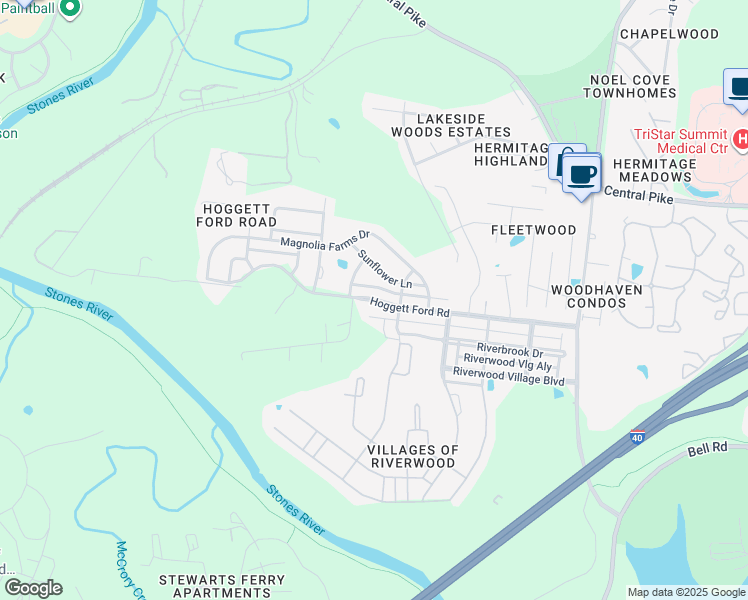 map of restaurants, bars, coffee shops, grocery stores, and more near 3681 Hoggett Ford Road in Nashville